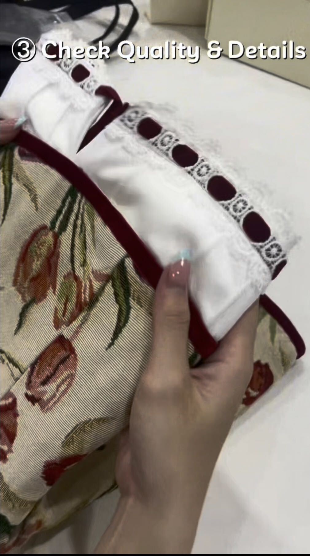Close-up check of garment lace, trim and visible condition